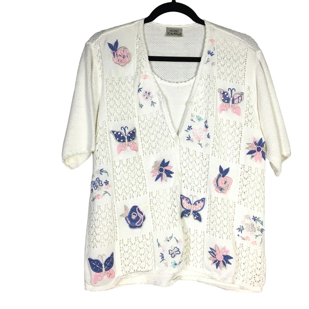 KORET City Blues White Cardigan Sweater Applique Butterfly‎ Flowers Short Sleeve
